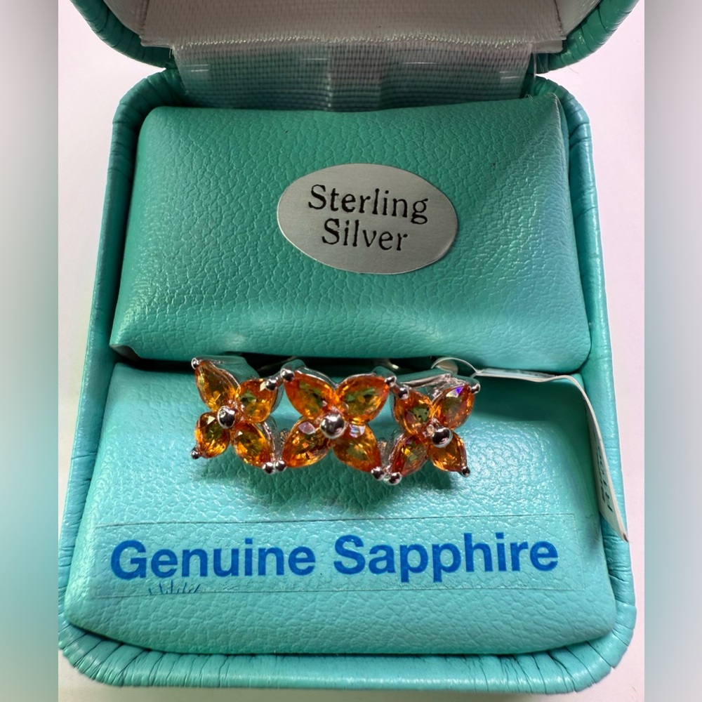 925 Sterling Silver Ring with Orange Sapphire Flowers